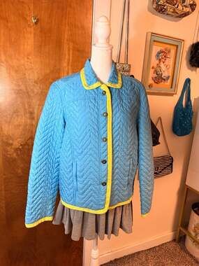 Vintage MiFresia 100% Silk Quilted Jacket - Blue with Neon Green Trim